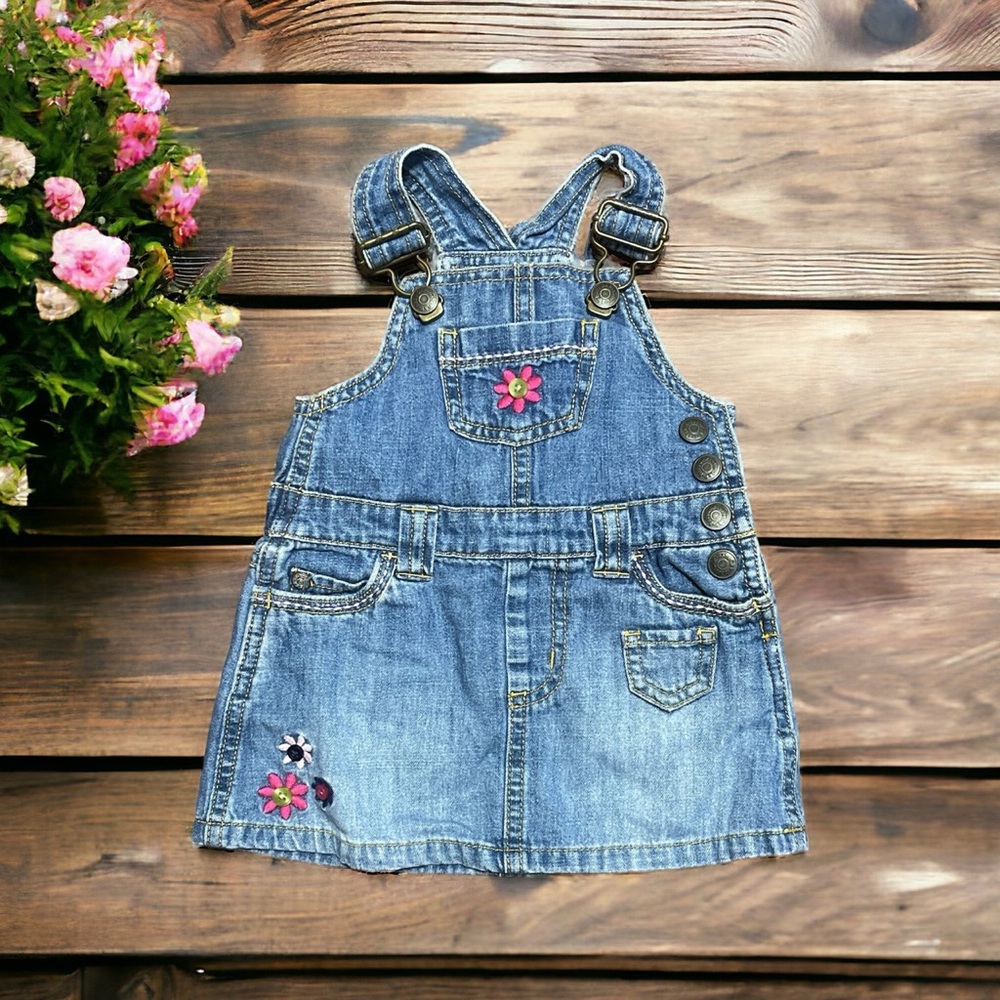 Gap Denim Kids Overall dress with Floral Embroidery